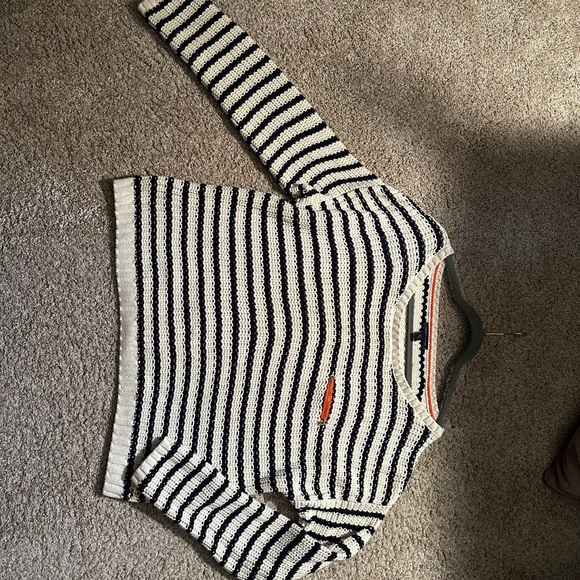 XL Tommy Hilfiger swoop neck knit sweater, Navy & Cream stripes & orange leather - Picture 2 of 4